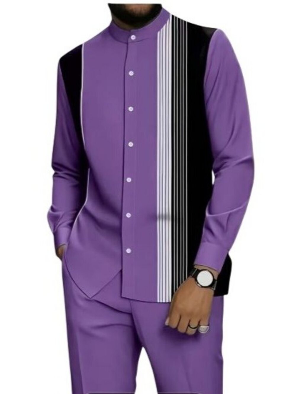 African Formal Dashiki Purple & Black Shirt & Pant Suit Traditional Dress Outfit